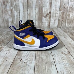 Nike Air Jordan 1 Mid Kids Sneakers Blue Yellow Basketball Shoes‎ Size 8C